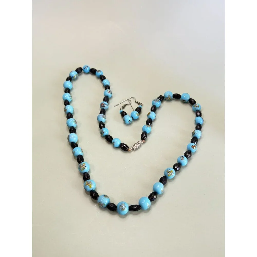 Blue & Black Glass Beads Hand-Painted Embossed Design Jewelry Set 24" - Picture 6 of 6